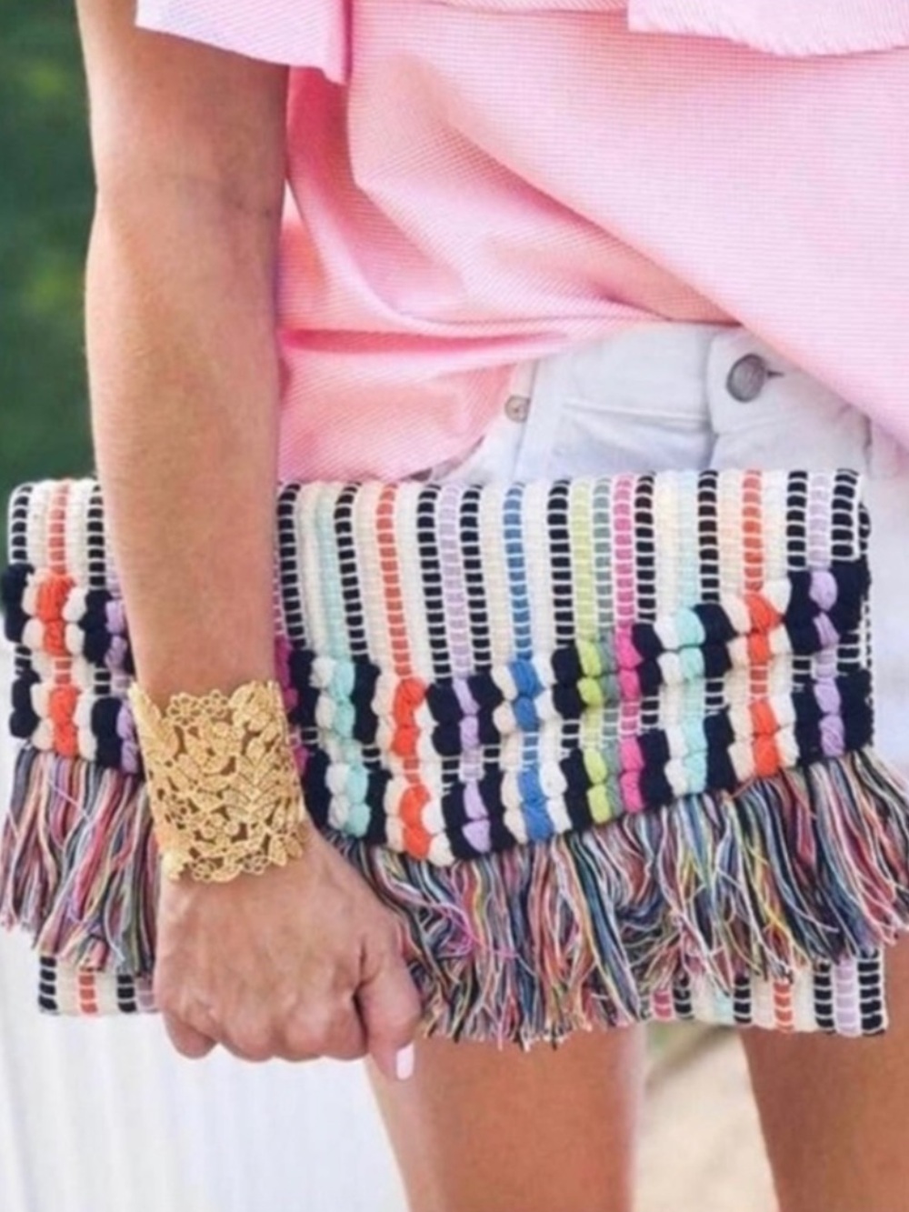 Stella & Dot Taj Clutch Bohemian Fringe Colorful Purse Woven Bag Summer Chic - Picture 7 of 16
